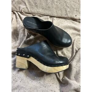 Chelsea & Violet Black Leather Wood Heel Clogs Women’s 10 Boho Retro